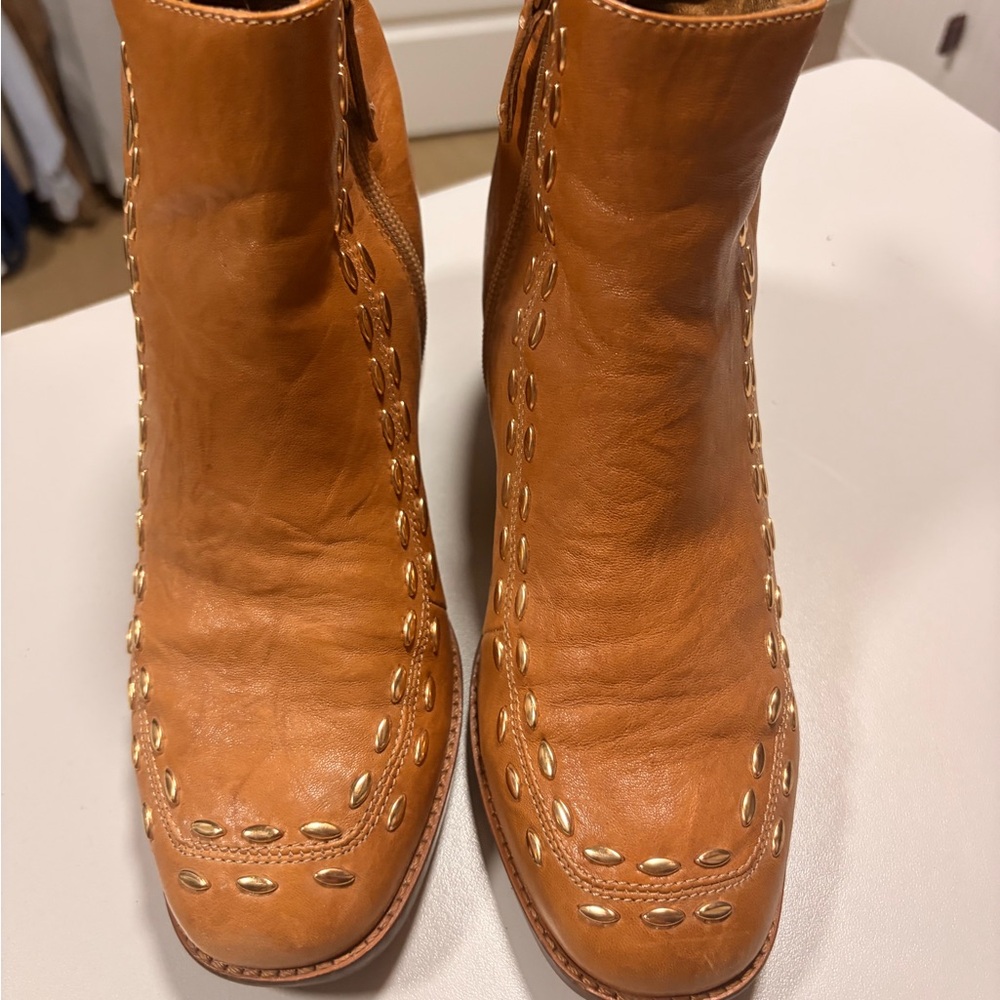 Kelsi Dagger Tan Leather Ankle Booties with Gold Studs